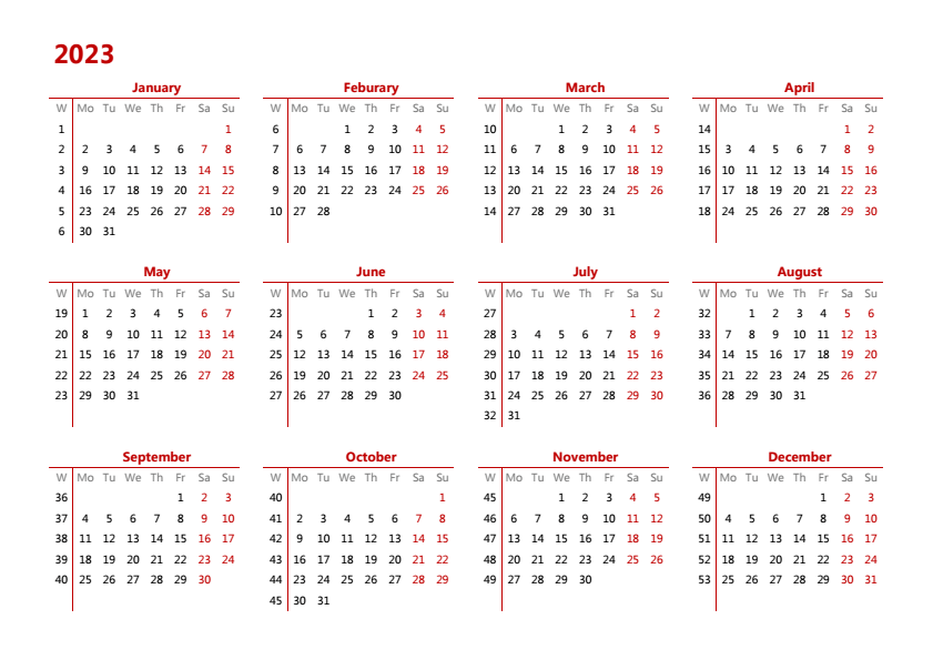 2023年日历 A4横向 英文版 无农历 有周数 周一开始